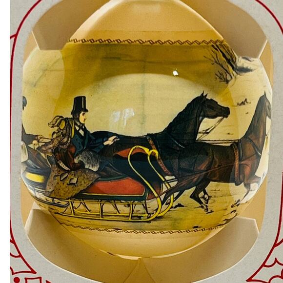 VTG Currier & Ives Sleigh Race Glass Ornament In Box Happy Holidays Collection - Picture 2 of 7